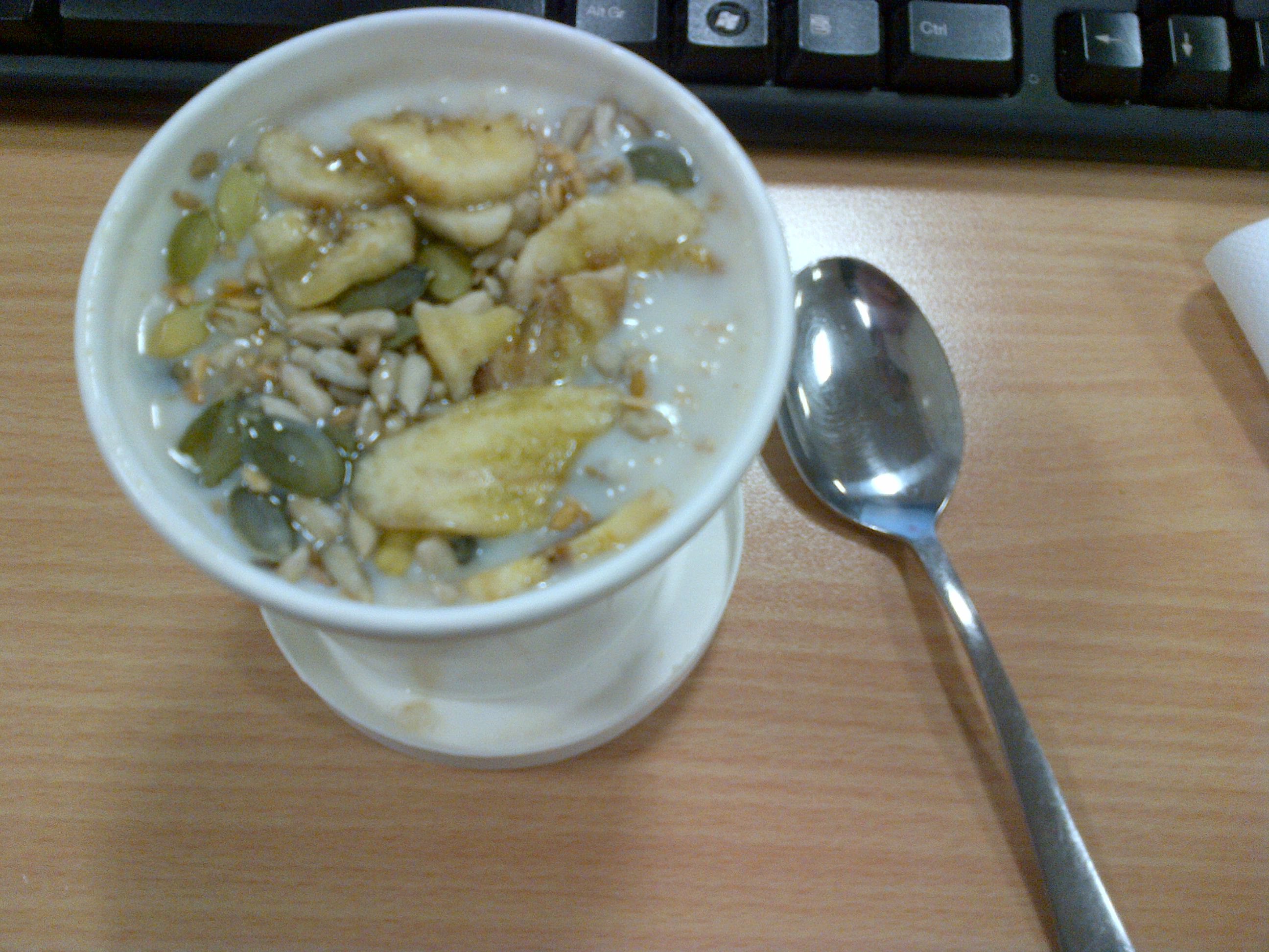 Porridge with some honey, mixed seeds and banana chips –scrummy! 